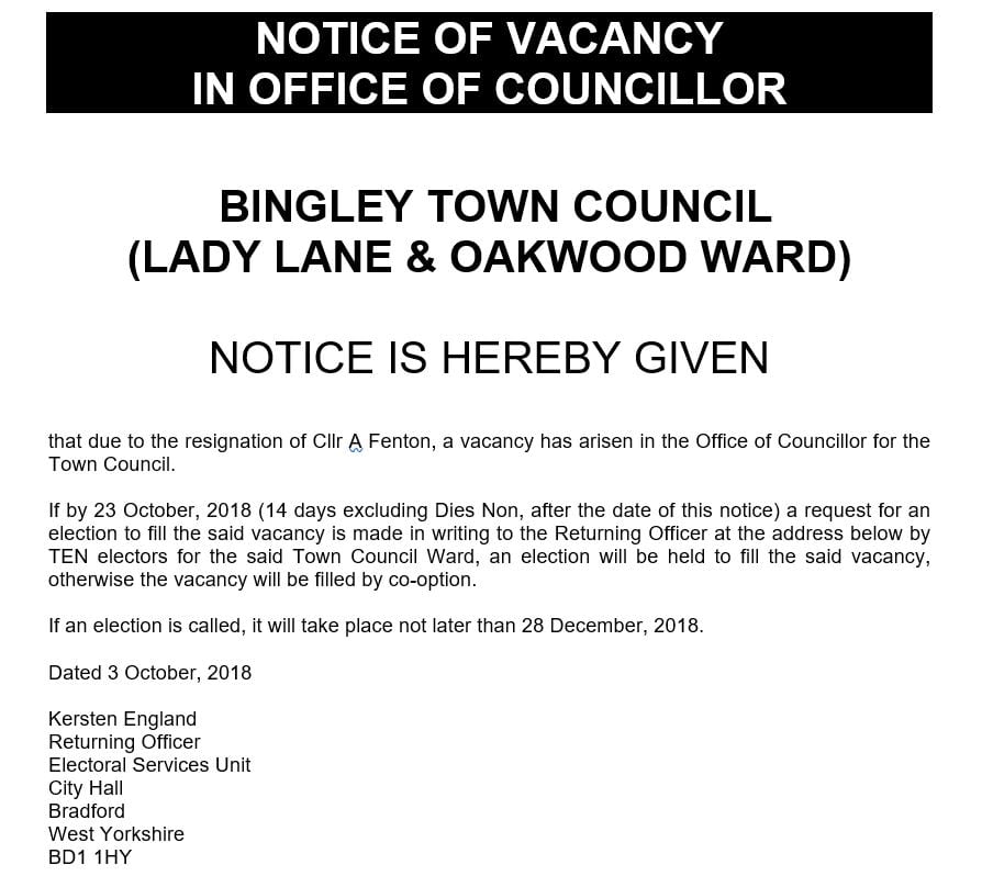 Notice of vacancy in the office of Councillor for Lady Lane and Oakwood ward