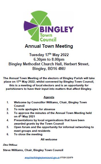 Annual Town Meeting Notice - 17 May 2022 6.30pm Bingley Methodist Church Hall